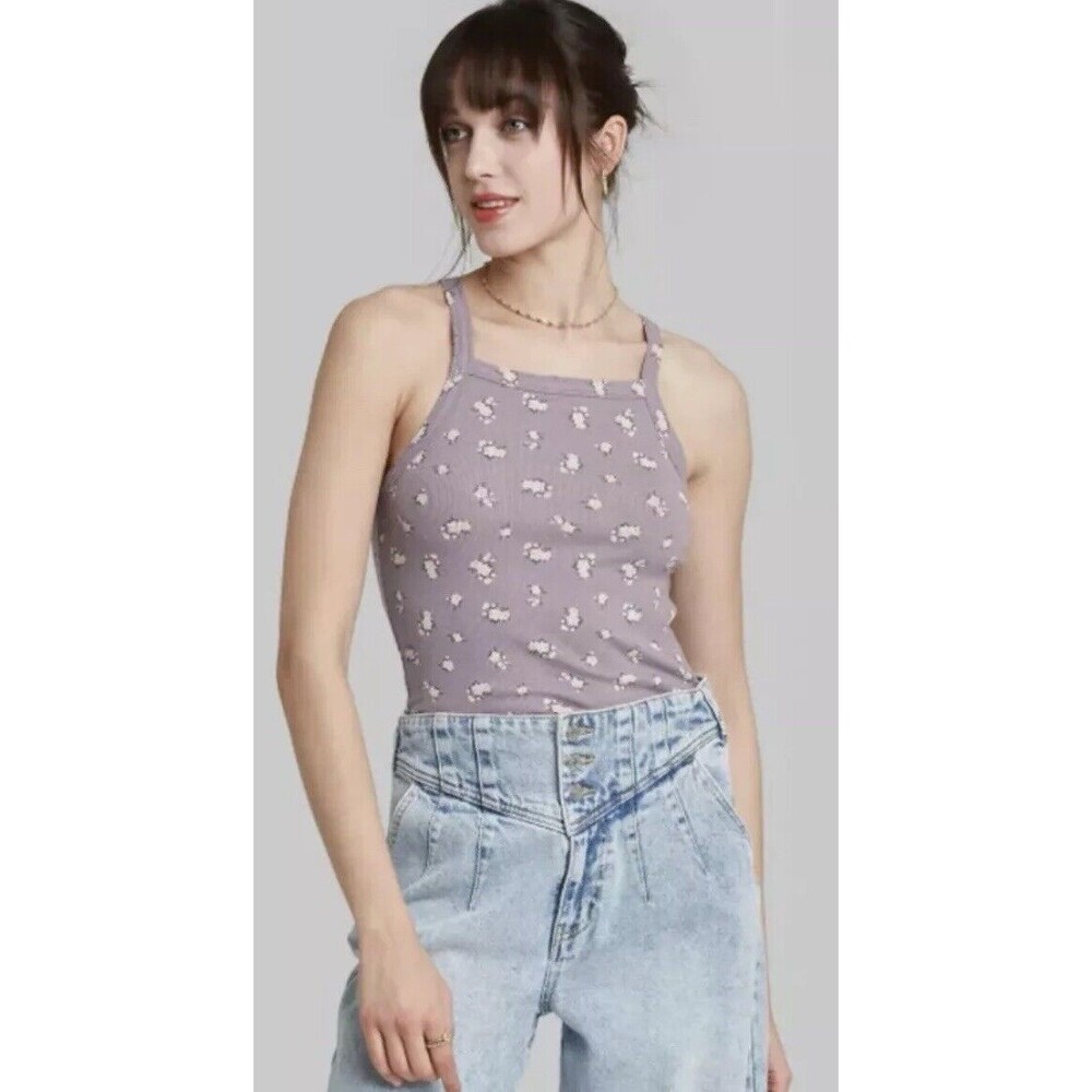 Wild Fable Women’s Square Neck Cropped Lilac/Pink Floral Tank Top Size LG